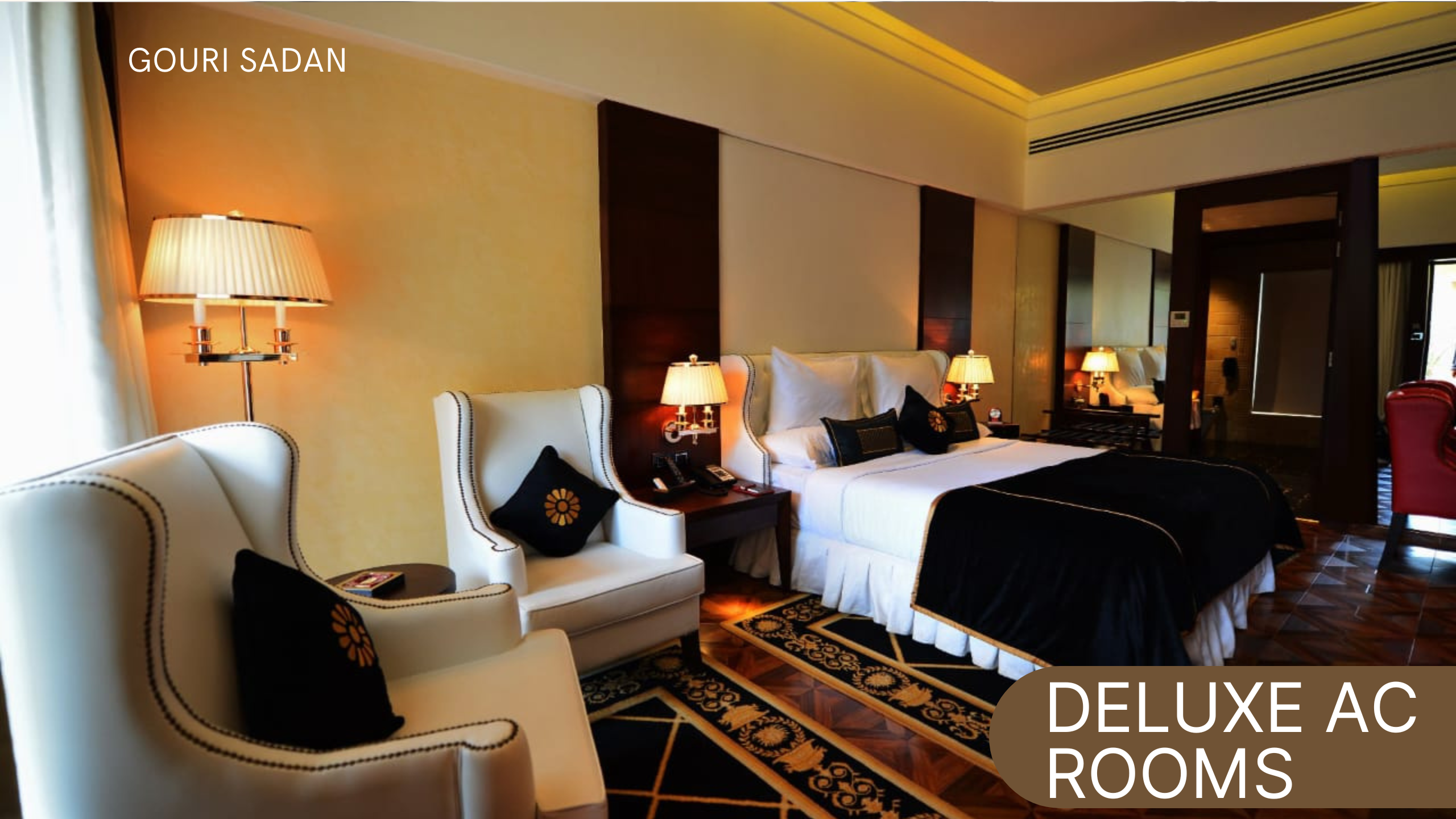 Deluxe AC room at Gouri Sadan & Ganga Sadan Srisailam with temple view and 24×7 room service & 4 Pax Sleeps